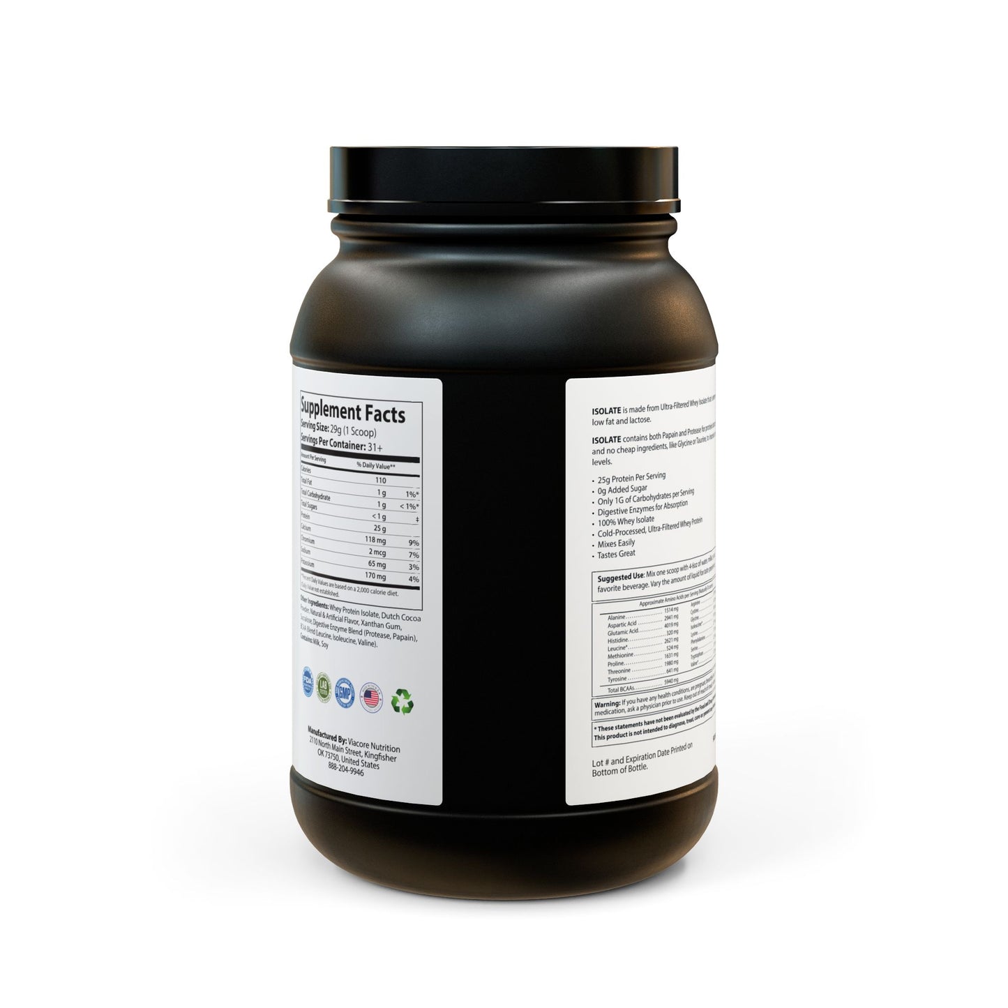 Whey Isolate Protein Supplement - Chocolate Flavored (907g, 2lb)